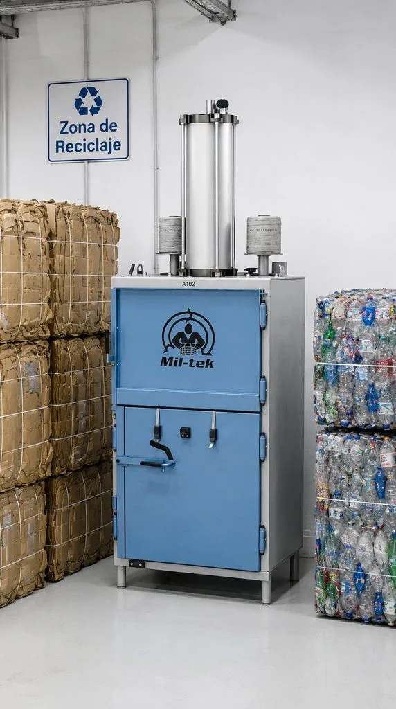 Cuarto de residuos ordenado con prensa Mil-tek y balas compactadas
