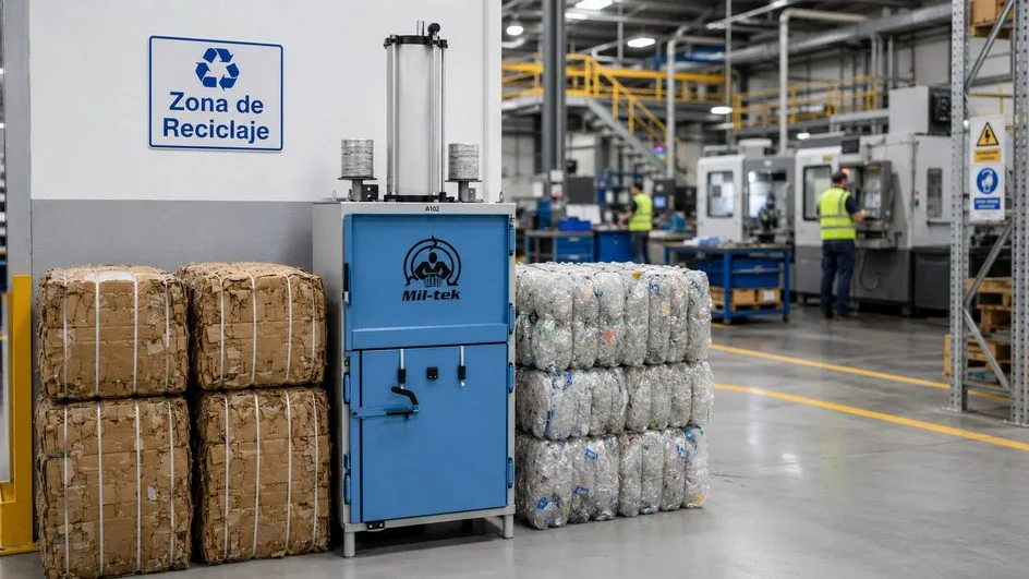Zona de reciclaje industrial con compactadoras Mil-tek y balas compactadas de cartón y plástico